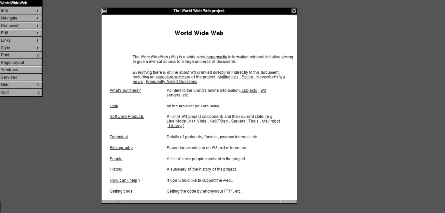 The first website, rendered in a line-mode browser emulator: plain text headed World Wide Web, with numbered links to sections explaining the project.