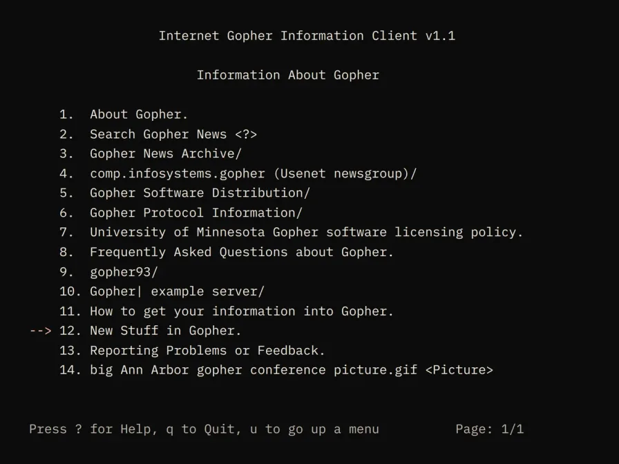 A text-mode Gopher client filling a dark terminal screen. A centered heading reads Internet Gopher Information Client v1.1, and beneath it, Information About Gopher, above a numbered list of fourteen entries: About Gopher, Search Gopher News, Gopher News Archive, the comp.infosystems.gopher newsgroup, the software distribution, protocol information, the University of Minnesota licensing policy, frequently asked questions, and others. An arrow marks item 12. A status line at the foot reads: Press ? for Help, q to Quit, u to go up a menu. Page 1 of 1.