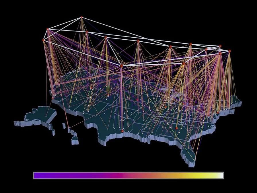 Three-dimensional visualization of the United States with the NSFNET T1 backbone drawn as a white lattice above it, and colored lines falling from the backbone to sites on the map. Line color indicates traffic volume, from purple at the low end through orange to white at the highest.