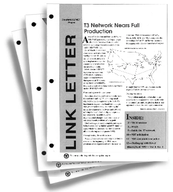 Three issues of a newsletter fanned out, the top one headed LINK LETTER down the left margin with the cover story T3 Network Nears Full Production and a map of the United States, dated March/April 1992.